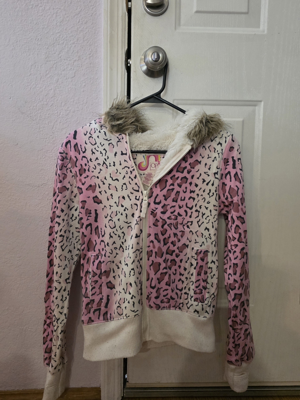 OP Small Womens Pink Leopard-Print Hooded Puffer Jacket with Faux Fur Trim